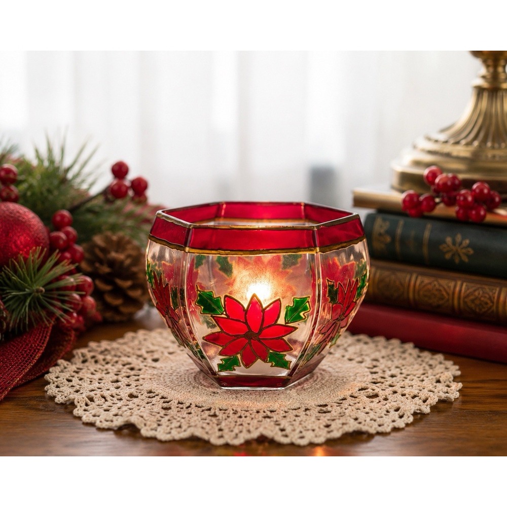VTG Hand Painted Glass Poinsettia Votive Candle Holder Red Gold Christmas Decor